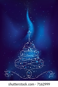 christmas tree on dark blue background, vector illustration