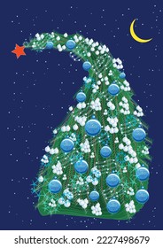 Christmas Tree On Dark Sky with Stars and Mooon