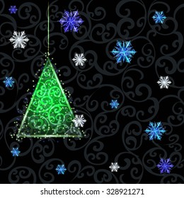 Christmas tree on dark winter background with snowflakes