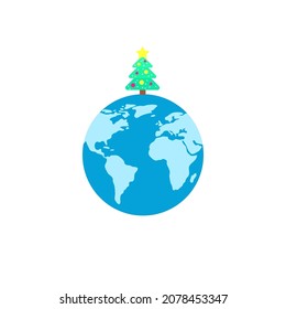 Christmas tree on Earth planet simple icon in flat style Christmas concept symbol. Vector illustration isolated on white background