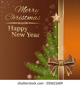 Christmas tree on a gold background. Merry Christmas and Happy New Year. Vector illustration.