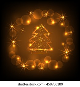 Christmas tree on gold background in black frame. Vector illustration.