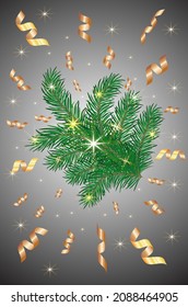 Christmas tree on gray background with confetti. New Year background. Greeting card, banner, poster