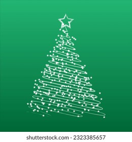 Árbol de Navidad sobre fondo verde, vector. Árbol de Navidad de contorno blanco con estrellas. Tarjeta de Año Nuevo.