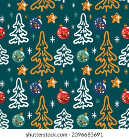 Christmas tree on the green background. Seamless pattern. Vector.