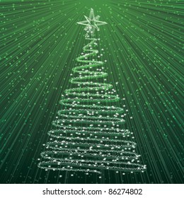 Christmas tree on green background - xmas card with rays of light