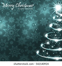 Christmas tree on green snowflakes background. Vector illustration