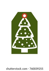 Christmas tree on label with red hole in it, symbolic evergreen pine with dots that symbolize snowflakes and balls, isolated on vector illustration