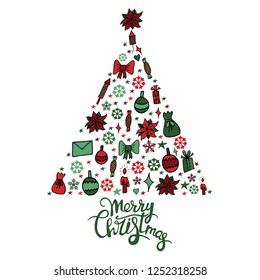 Christmas tree on light background, Christmas card,  with icons and festive elements.  Simple childish design.Hand lettering.