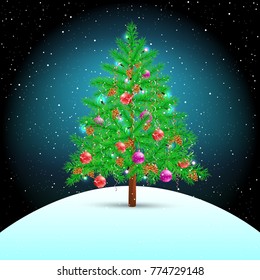 Christmas tree on night winter hill background. Spruce fir with toys ribbons cones and lights in branches. Green needles plant with shadow. New Year holiday pine fir-tree