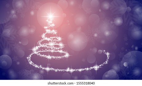 Christmas tree on pink background. Sparkling Christmas tree as symbol of Happy New Year and Merry Christmas holiday celebration with copy space. Bright shiny design Vector illustration