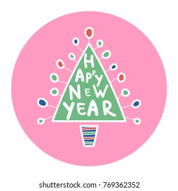 Christmas tree on a pink circle background. Children's drawing style. Doodle. Hand drawn text.
