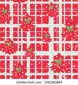 Christmas Tree On Plaid Background Red Seamless Pattern, Great for For Backgrounds, Wallpapers, Fabrics, Wraps and many more Designs