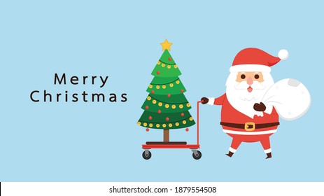 Christmas tree on a Platform Trolley vector. Platform Trolley vector. Santa Claus cartoon.