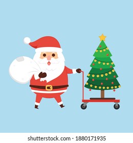 Christmas tree on a Platform Trolley vector. Platform Trolley vector. Santa Claus cartoon.