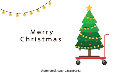 Christmas tree on a Platform Trolley vector. Platform Trolley vector. Christmas poster design.