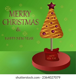 Christmas tree on the podium. Green background. greeting card, invitation. Vector graphics.