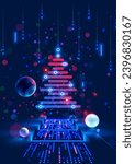 Christmas tree on Christmas poster in computer technology style. New year, merry christmas congratulations card in computer tech design. Template Christmas cards in style of digital technology.