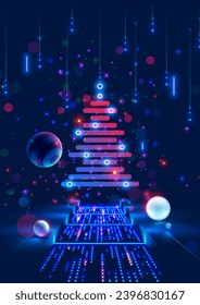 Christmas tree on Christmas poster in computer technology style. New year, merry christmas congratulations card in computer tech design. Template Christmas cards in style of digital technology.