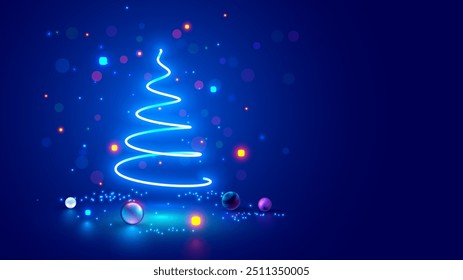 Árbol de Navidad en cartel de Navidades en estilo de tecnología electrónica. Nuevo año, tarjeta de felicitaciones de feliz Navidad en diseño de tecnología informática. Plantilla de tarjetas de Navidad en el estilo de la tecnología digital.