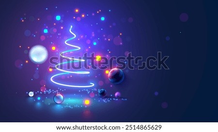 Christmas tree on Christmas poster in electronic technology style. New year, merry christmas congratulations card in computer tech design. Template Christmas cards in style of digital technology.