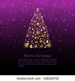 Christmas tree on the purple background, includes New Year's attributes.
