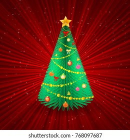 Christmas tree on red abstract background. Holidays vector illustration.