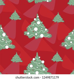 Christmas tree on the red background with abstract elements. Seamless pattern is good for any kinds of prints