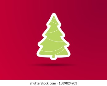 Christmas tree on a red background. Icon with shadow and stroke. Paper cut style. Vector illustration