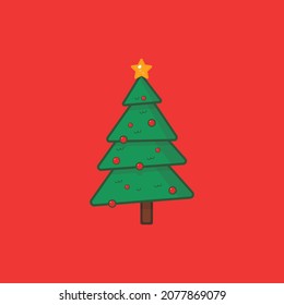Christmas tree on a red background decorated with balls and a star.Christmas and New Year.Vector illustration in flat style.