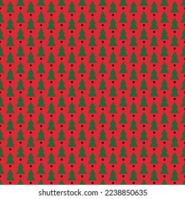 Christmas tree on red background in seamless pattern, vector illustration.