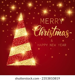 Christmas tree on a red background. Bright shiny Christmas tree, vector illustration. Golden New Year's card.
