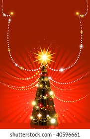 Christmas tree on red background with space for text