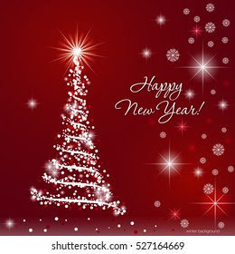 Christmas tree on red background. Openwork winter background for greeting card.