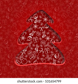 Christmas tree on red background with volume shadow and Xmas symbols - snowman, berry, candle, snowflake, bauble, gift box, sock, candy cone. Vector illustration.