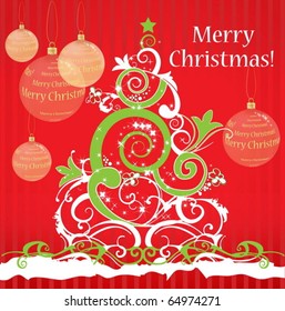 Christmas tree on red background. Vector illustration