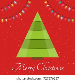 Christmas tree on red background with Christmas lights, Merry Christmas greeting card, vector eps10 illustration