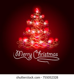 Christmas tree on a red background with flashlights