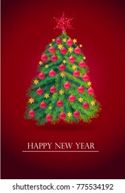 Christmas tree on red background , Christmas balls ,vector illustration, greeting card, star