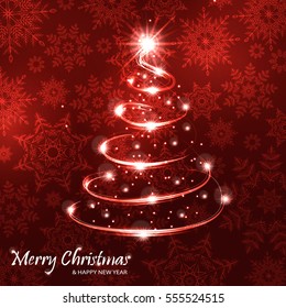 Christmas tree on red snowflakes background. Merry christmas. Vector illustration
