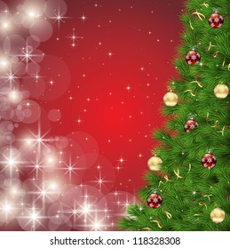 Christmas tree on red sparkle background