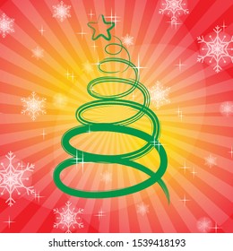 Christmas tree on red and yellow background with white ray and ice for Merry Christmas and New Year greeting card