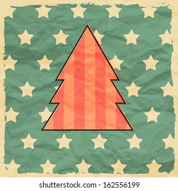 Christmas tree on retro background. Christmas and New Year greeting card. Grunge backdrop.  Effect of crumpled paper. Winter theme. 