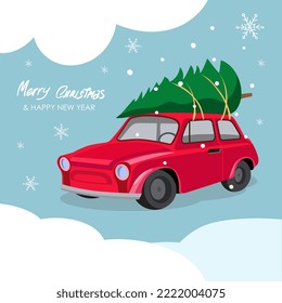 christmas tree on the roof of a red car.vector illustration in cartoon style.