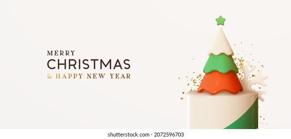 Christmas tree on round studio podium strewn with gold glitter confetti. Realistic festive 3d design. Merry Christmas and happy new year. Holiday Xmas bright background. Vector illustration
