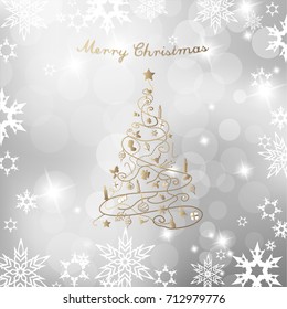 Christmas tree on silver background and Merry Christmas text.
