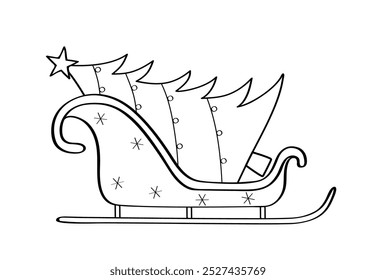 Christmas tree on a sled. Vector doodle illustration, new year and Christmas holiday concept . Isolate on white.