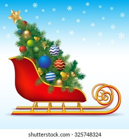 Christmas tree on sledge isolated on background. Vector illustration