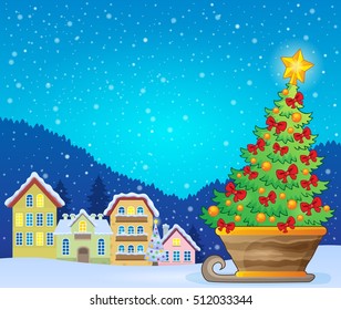Christmas tree on sledge near village - eps10 vector illustration.
