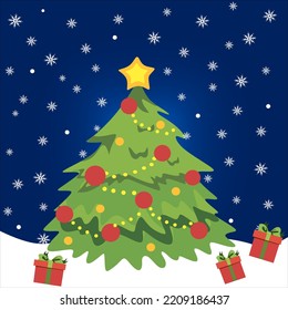 Christmas tree on snow background with gift boxes. Merry christmas and happy new year concept. Christmas tree vector illustration